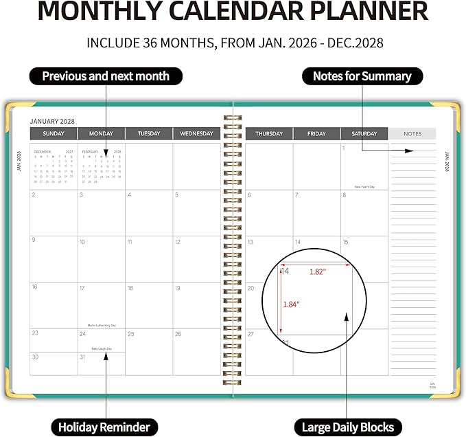 2026-2028 Monthly Planner - 3 Year Monthly Planner 2026-2028, Jan. 2026 - Dec. 2028, 8.5" x 11", 36 Months Calendar Planner with Spiral Bound, Notes Pages, Perfect for School & Office for Women & Men - Blue