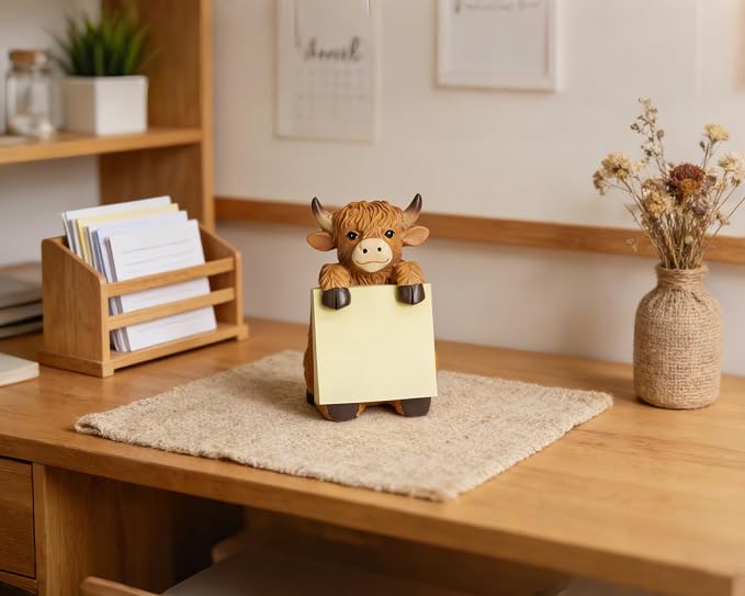 Highland Cow Pop-Up Sticky Note Dispenser with 100 Sheets 3 x 3 Inch Notes, Handmade Resin Highland Cow Desk Decor for Office, Home & Classroom, Gift for Teachers & Coworkers - Brown