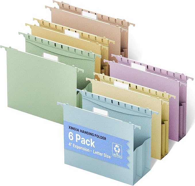 XINGIA Hanging File Folders Letter Size, Extra Capacity 4 Inch Expansion Filing Cabinet Folders with Tabs,Assorted Color,6 Pack Wheat Straw Reinforced Hanging File Organizer for Office School Home
