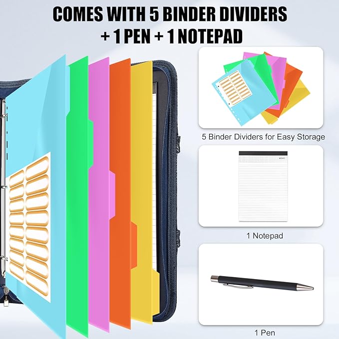 Portfolio Binder 3 Ring Includes Pen and 5 Dividers with 10 Pockets, Padfolio Organizer with Magnetic Handle for Men and Women, Includes A4 Notepad for Business, School, Work