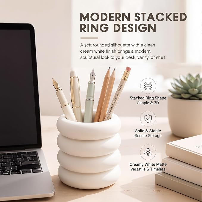 Aesthetic Desk Organizer Boho Pen Holder Modern Pencil Holder Beige Plastic Makeup Brush Organizer for Office Desk Accessories Stylish Home Office Art Decor Supplies(Wavy)