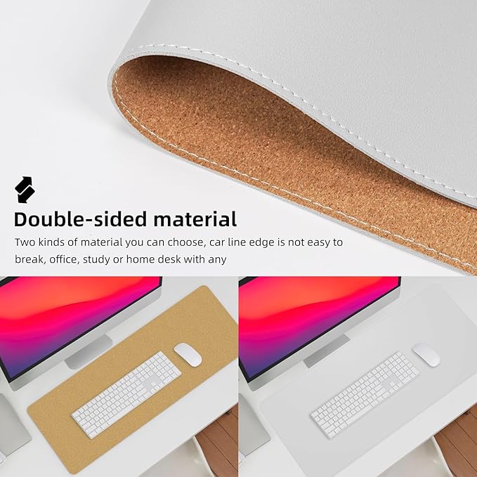 AFIING Leather Desk Pad Protector, Large Desk Mat with Natural Cork & PU Leather, Mouse Pad, Non-Slip, Waterproof Desk Writing Pad for Office and Home (White)