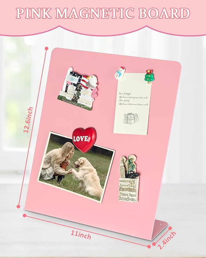 2 Pack Magnet Board, 11 x 12.6 x 2.4 in, Pink Standing Magnetic Bulletin Board, Magnetic Display for Memos, Photos & Documents, Bulletin Board for Home Office School Kitchen