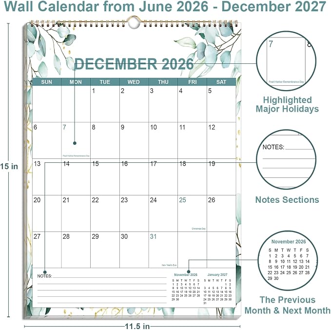 2026-2027 Calendar - Calendar 2026-2027 from June 2026 - December 2027, 19 Months Calendar/Planner with Thick Paper, 12" x 14.5", Vertical, Leaf