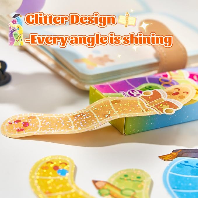 30Pcs Bookworm Bookmarks, Gliter Paper Cute Bookmark, Double Printing, Bookish Gifts for Book Lovers, Students, Readers - Cool Stationery for School & Library