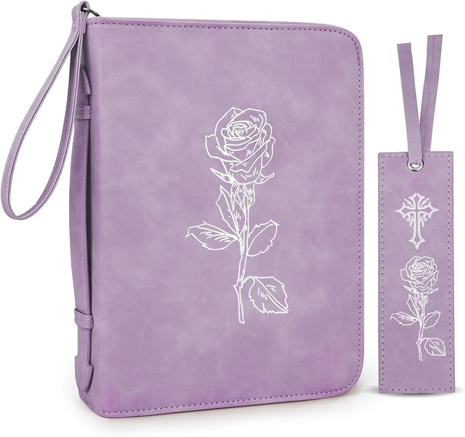 Bible Covers for Women, Leather Bibles Study Case with Bookmark for Men, Bible Supplies Carrying Bag Tote with Strap,Personalized Book Church Organizer Bag (Purple)