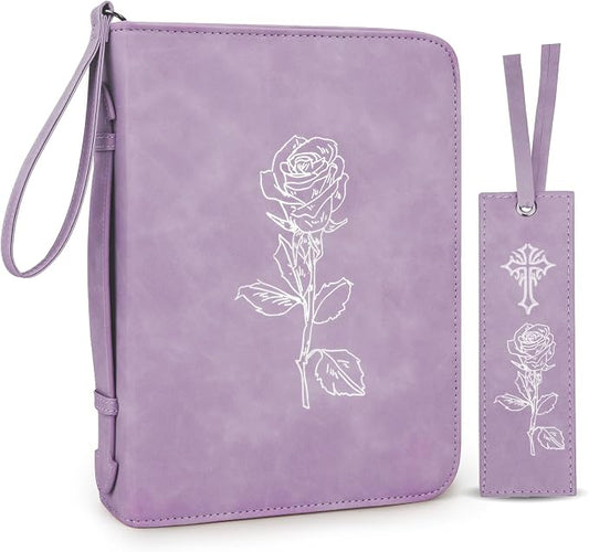 Bible Covers for Women, Leather Bibles Study Case with Bookmark for Men, Bible Supplies Carrying Bag Tote with Strap,Personalized Book Church Organizer Bag (Purple)