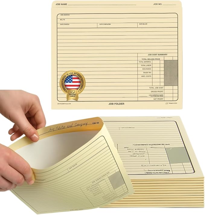 NextDayLabels - Job Folders Manila File Jacket 10” x 12” – Heavy Duty - Preprinted to Track Job Progress, Calculating Cost, and Customer Correspondences - 50 Folders