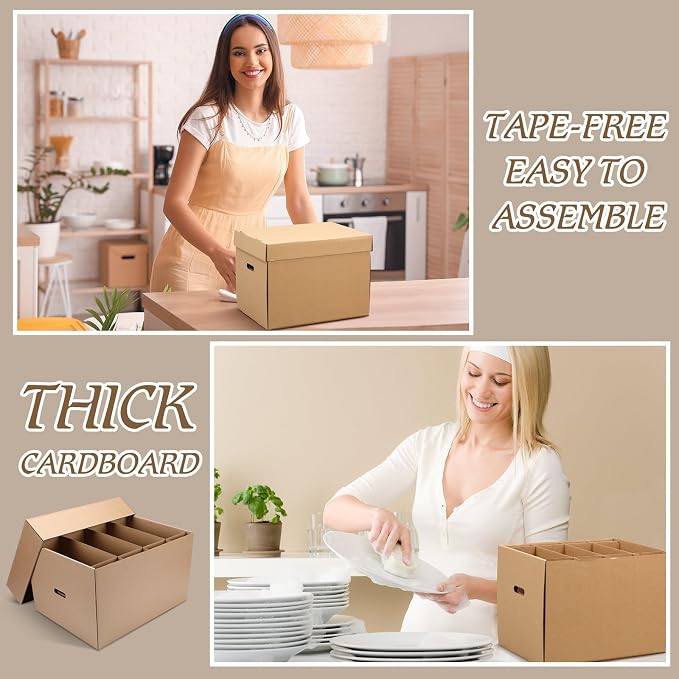 Fuyoooo 4 Pack Large Dish Packing Boxes for Moving with Divider 16 x 12 x 12 Inch Kitchen Moving Boxes with Reinforced Handle Lid Packing Supplies for Dishes and Glassware