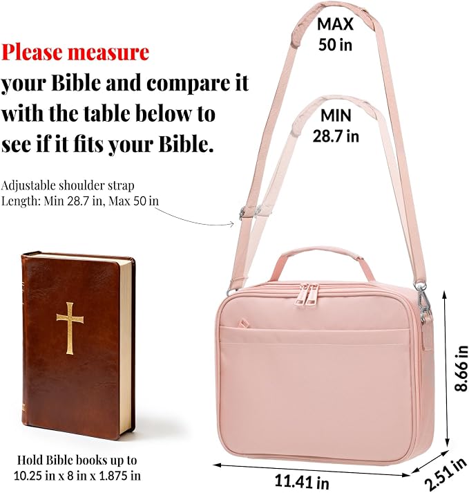 SUNEE Bible Cover for Women, Large Bible Bag w/Shoulder Strap Carrying Book Case w/Pen Slots and Zippered Pocket, Gift for Women & Men, Pink