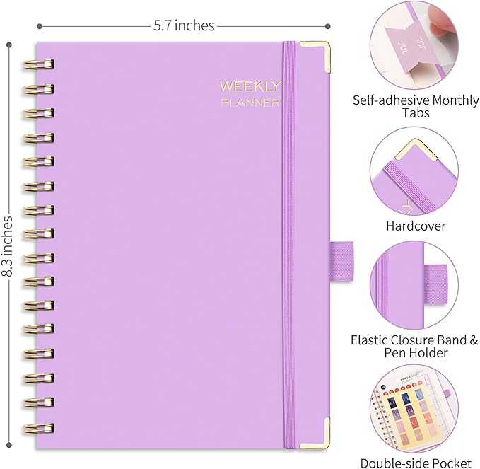 RETTACY Undated Planner, Weekly and Monthly, 53 Weeks and 12 Months, Medium Size (5.7" x 8.3"), 24 Self-adhesive Monthly Tabs, Hardcover, 100 GSM Thick Paper, Spiral-bound (Lilac)