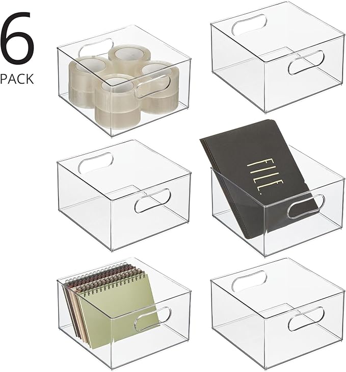 mDesign Deep Plastic Stackable Storage Organizer Container Bin, Office Organization for Filing Cabinet, Cupboard, Shelves, and Desk - Holds Notepads, Pens, Pencils - Ligne Collection, 6 Pack, Clear