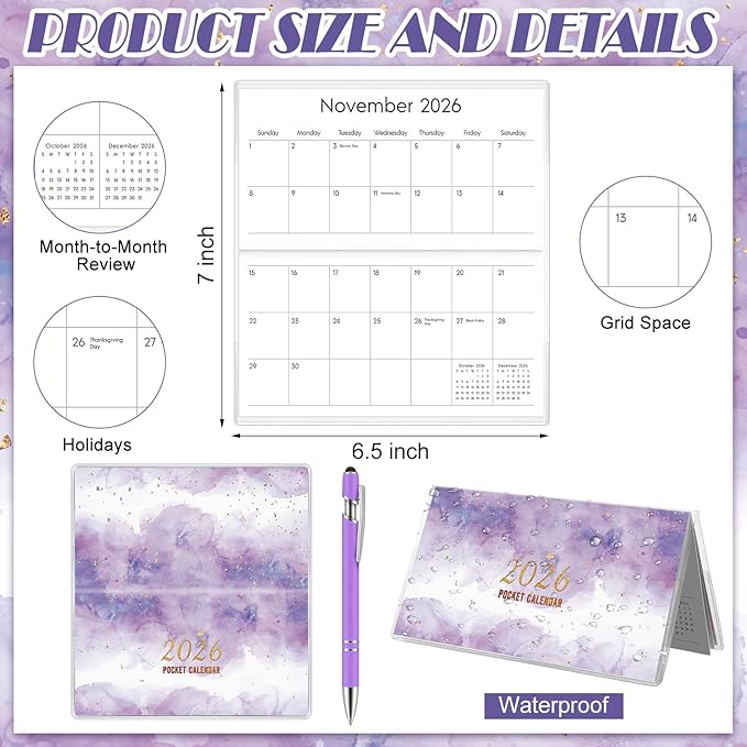 Gueevin 2026 Pocket Calendar for Purse with Pen Small Pocket Planner Handy Weekly Monthly Planner Journal Writing Notebook Valentine New Year Gift Sister Friend Women(Watercolor,Purple)
