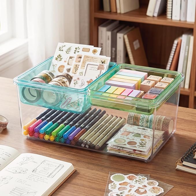 MOSSRIVER 3 Pack Clear Drawer Organizer Set, Plastic Desk Organizer Bin with Lid & Trays, Colorful Storage Box with Removable Trays for Cosmetics, Jewelry, Bedroom, Bathroom, Office, Combo 03
