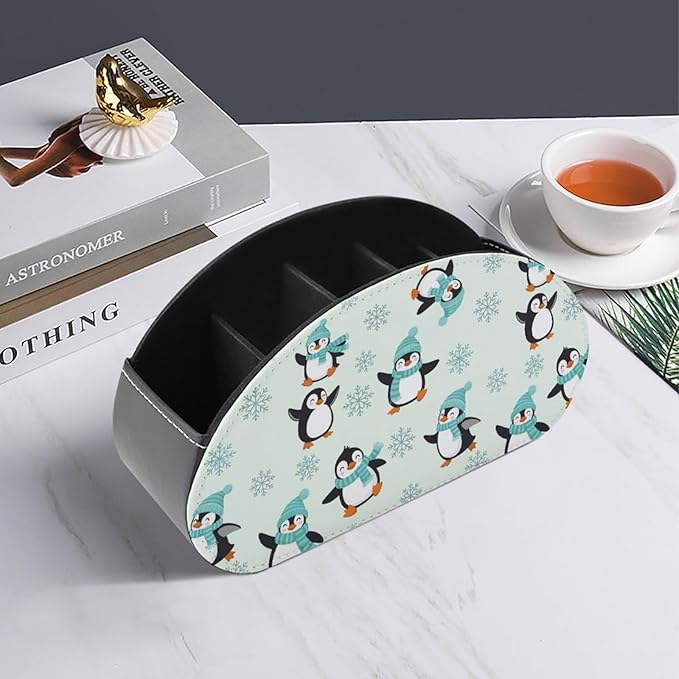 TV Remote Holder with 5 Compartments, PU Leather Desktop Organizer for Bedside Table, Office, and Living Room, Animal Penguin Cute Penguins