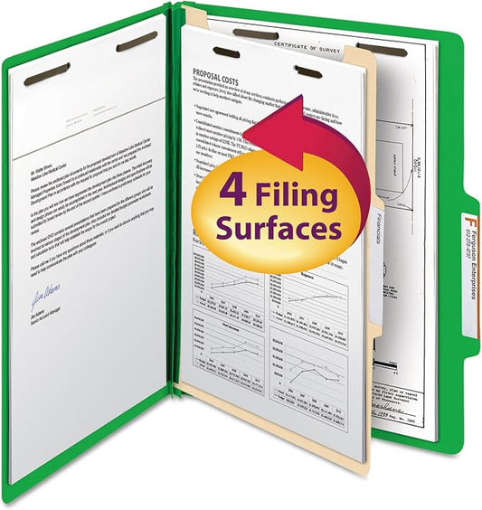 Smead Classification Folder with Prongs, 1 Divider, 2" Fasteners, Letter Size, for Documents Organization, Durable File Organizer for Home, School or Office, Green (13702)