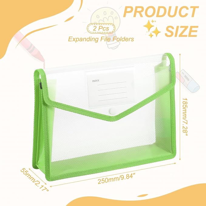 PATIKIL Plastic Expanding File Folders, 2 Pack B5 File Folder Envelopes Letter Size Document Organizer Supplies with Snap Closure for Classroom Office, Green, Horizontal
