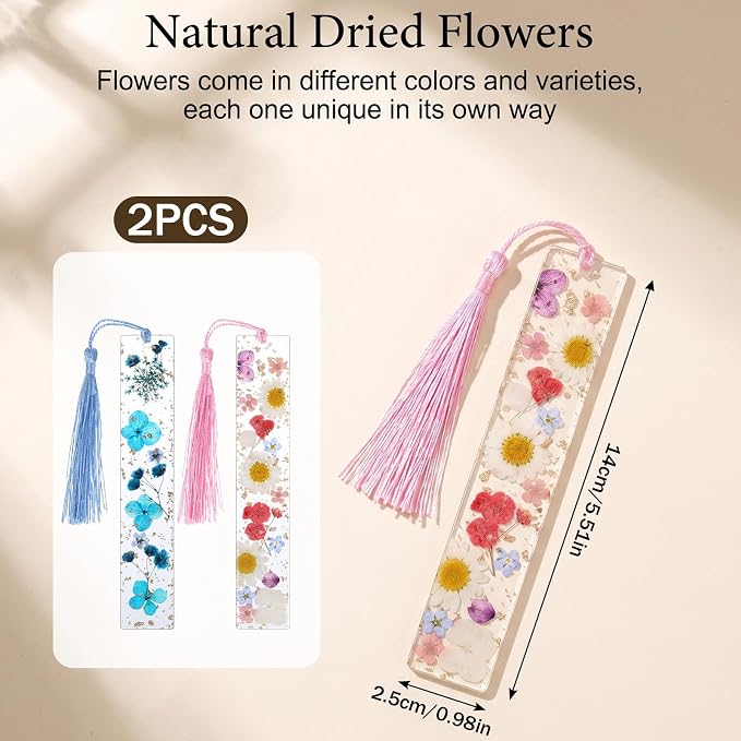2PCS Transparent Dried Flower Bookmarks, Bookmarks for Women Handmade Dried Flower, Resin Bookmark with Tassels Cute Acrylic Bookmark Blanks Clear Planner Accessories, Blue Pink Pretty and Aesthetic