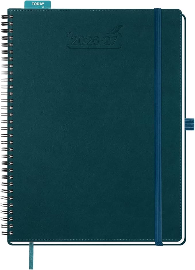 BEZEND Weekly Planner 2026-2027 (8.5" x 11") with Hourly Timeslots (Jul 26-Dec 27) 18 Months Academic Calendar & Monthly Tabs, for Students, Work & Home, Spiral PU Leather Softcover -Dark Green