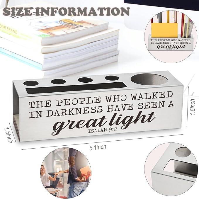 Isaiah 9:2 Bible Verse Pen and Pencil Holder, Great Light Scripture Desk Organizer, Christian Spiritual Inspirational Thank You Gifts, Stainless Steel Religious Office Decor EDP36