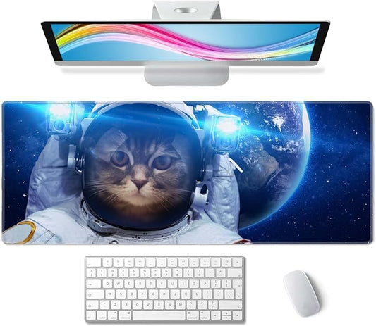 Astronaut Cat Nebula Galaxy Outer Space Gaming Mouse Pad XL Extended Large Desk Mat Big Mousepad Non-Slip Rubber Base Stitched Edge Long Desk Pad for Desktop PC Computer Gamer,31.5×11.8 Inch