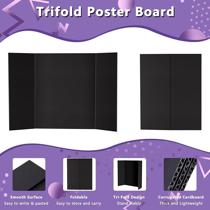 AKONEGE 3 Pack Medium Trifold Poster Board 26" x 16" Tri Fold Poster Boards Black Corrugated Cardboard Project Boards for Presentations, School Projects, Science Fair, Exhibition Event Display