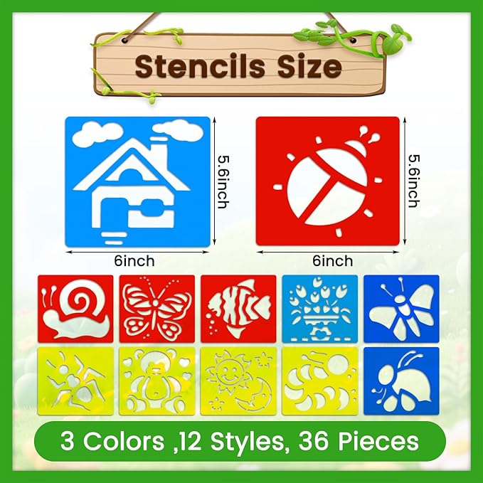 36 PCS Drawing Stencils, 5.6 x 6 Inch Drawing Stencils Chalk Template, Large Washable Reusable Garden and Geometric Themed Primary Shape Template for Learning Painting DIY Crafts