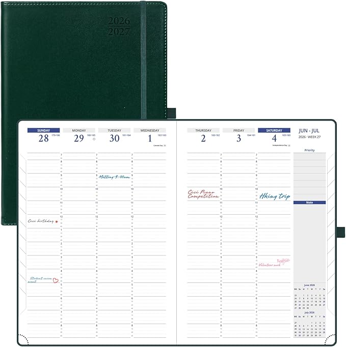 POPRUN 2026 Planner - Weekly And Monthly Planner (A4 Size 8.25'' x 11.75''), 15-Minute Hourly Planner & Appointment Book (Jan 2026 - Dec 2027), Monthly Tabs, Inner-pocket - Dark Green