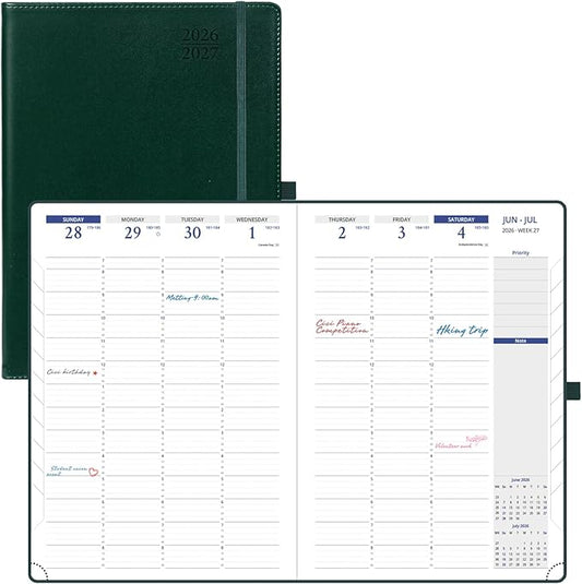 POPRUN Planner 2026-2027, Weekly And Monthly Planner (A4 Size 8.25" x 11.75"), 15-Minute Hourly Planner & Appointment Book (Jul 2026 - Jun 2027), Monthly Tabs, Inner-pocket - Dark Green