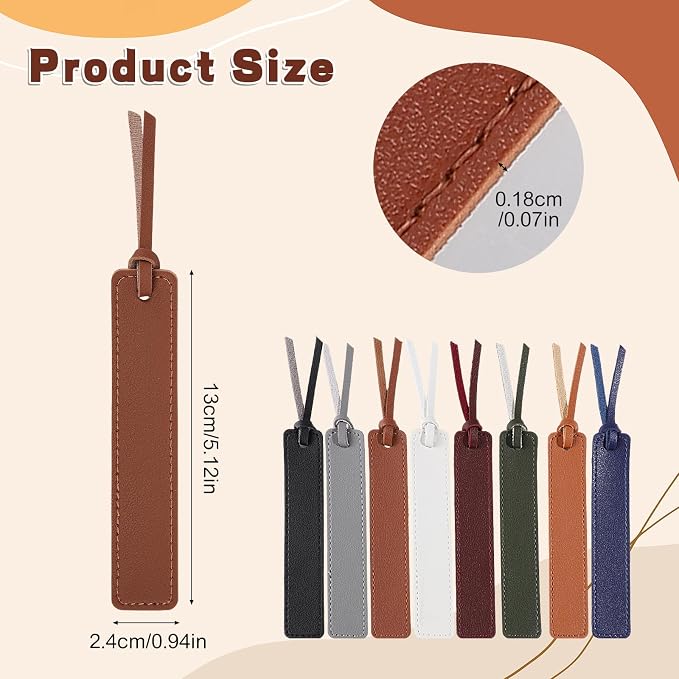 8Pcs Leather Bookmark, Classic Stitched Book Mark with Leather Rope Teacher's Day Gifts for Reading Men Boy School Students
