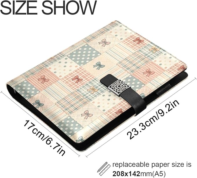 Polka Dot Plaid Bows A5 Binder 6 Ring Refillable PU Leather Notebook Journal with Magnetic Buckle Closure Loose Leaf Travel Office Planner Budget Binder Notepad Portfolio, Cute