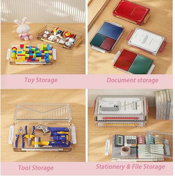 2 Pack Clear Plastic File Boxes w/Latching Lids, Stackable A4 Storage (‎White Latches, Large)