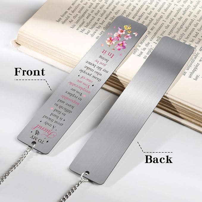 Friends Inspirational Metal Bookmark - 2 Pcs Best Friend Book Marks Friendship Charm Flowers Page Markers with Pen Butterfly Pendant for Reading Lovers Women Birthday Gifts Accessories