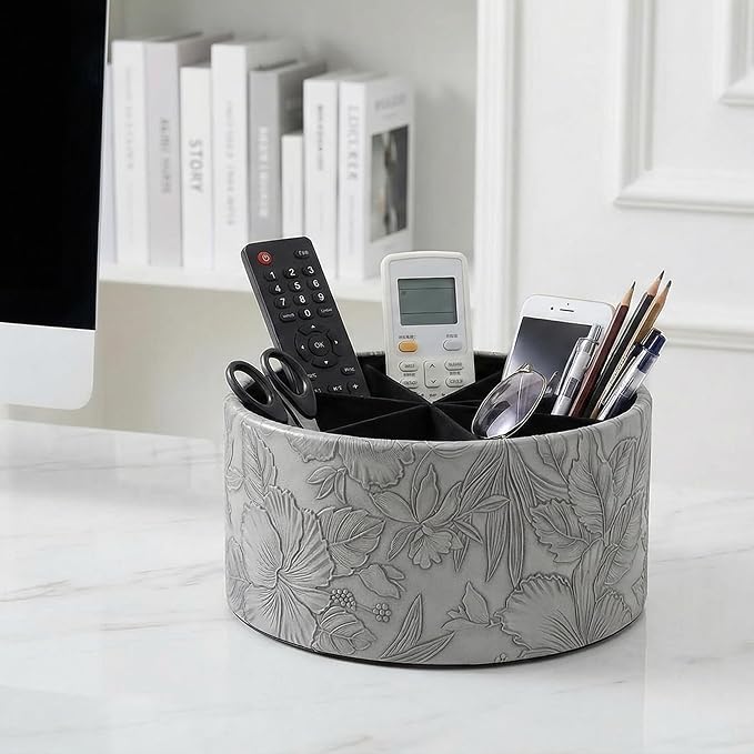 Remote Control Holder, 360°Spinning PU Leather Desk TV Remote Caddy,Desk Storage Box Room Accessories for Controller, Media,Mail,Calculator, Mobile Phone,Pencil(1-Carved Grey)