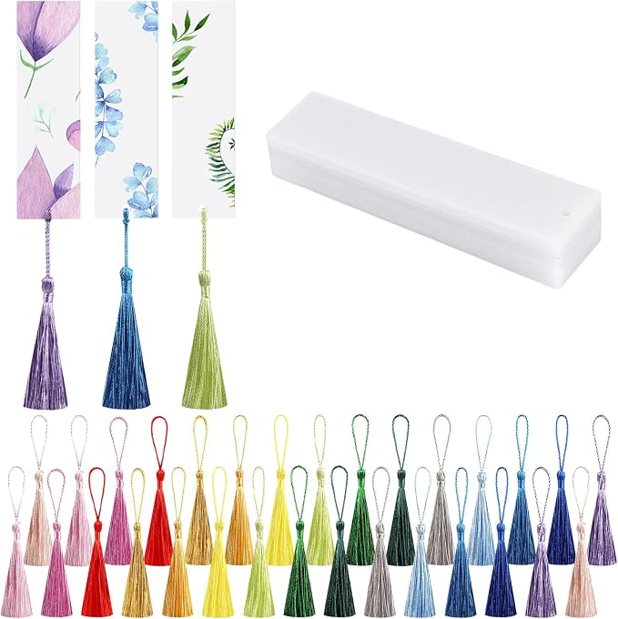 30 Pcs Acrylic Bookmark Blanks Bulk Clear Book Marks Kit with 30 Pcs Colorful Tassels Transparent Reading Book Page Mark Tags Set DIY Crafts Arts Projects Rectangle