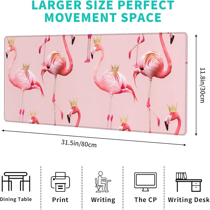 Cute Flamingo Gaming Mouse Pad – 12x31.5in Large Extended Desk Mat with Golden Crowns Design – Non-Slip Rubber Pink Mousepad for Office Home – Deskmat Gifts for Animal Lovers Decor
