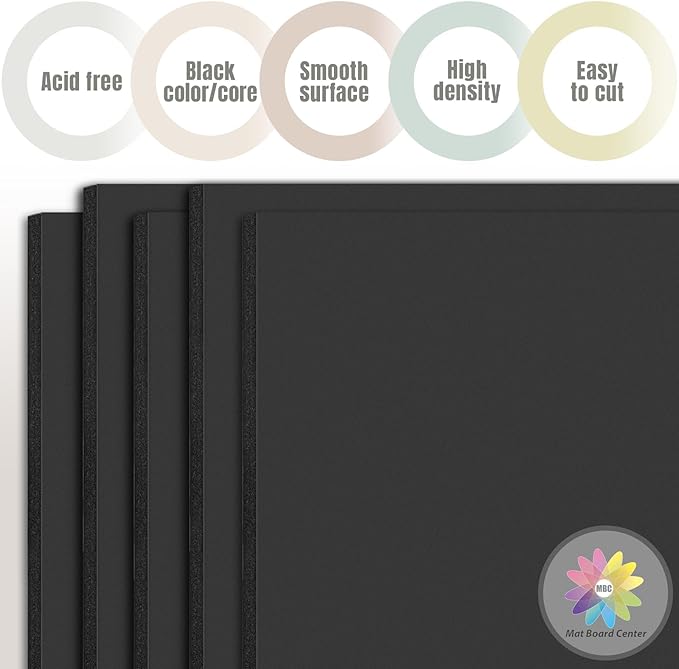 Mat Board Center, Pack of 5, 12X16 Foam Boards Acid Free Black Foam Core Boards for Mounting, Crafts, Display, Presentation and Projects, 3/16" Thick