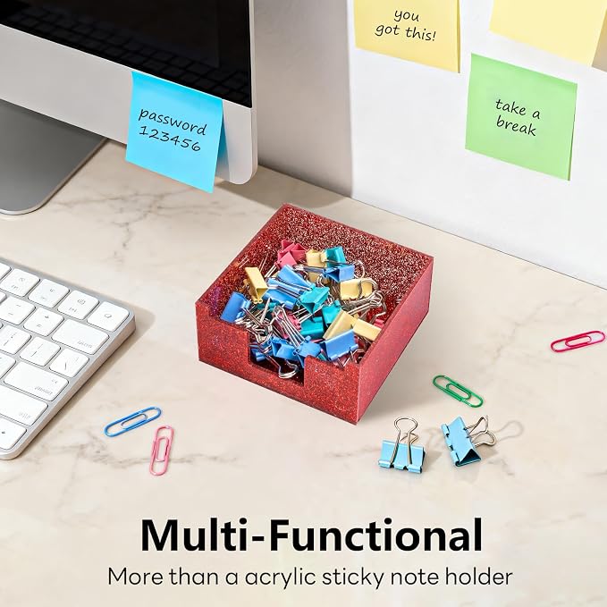 Red Sparkling Sticky Note Holder, Glitter Acrylic Organizer, 3.94 x 3.94 in Multi-Use Tray for Office, School & Home Desk