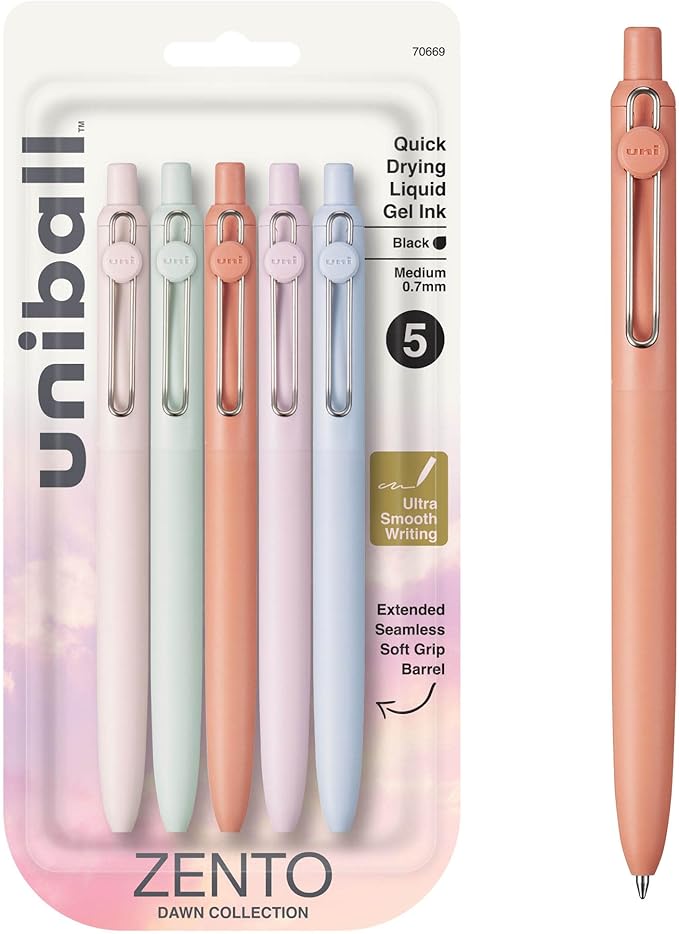 uni-ball Zento Gel Ink Rollerball Pens, 5 Black Medium Point Smooth Writing Pens, Colored Japanese Pens, Dawn Colors