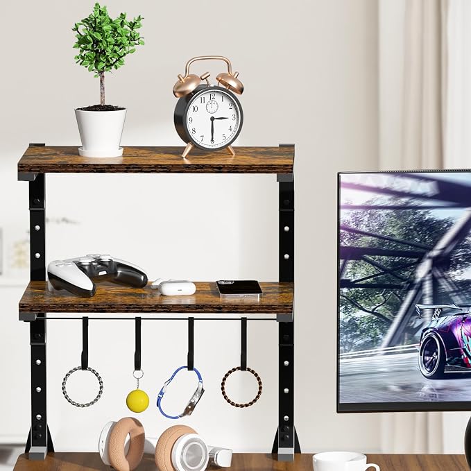 Clamp-on Desk Shelf, 13 inch Above or Below Desk 2-Tier Shelving, Adjustable Metal Storage Tray for Gaming Devices or Office Desk Accessories and More, Brown, Patent Pending