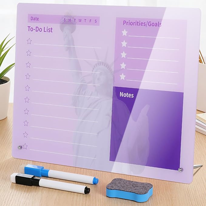 LeMotech Desktop Acrylic Dry Erase Board, 15.7x11.8 inches to-Do List Planner, Tabletop Whiteboard with Stand Office Supplies Includes 2 Markers & 1 Eraser, Purple Statue of Liberty Pattern, 1 Pack