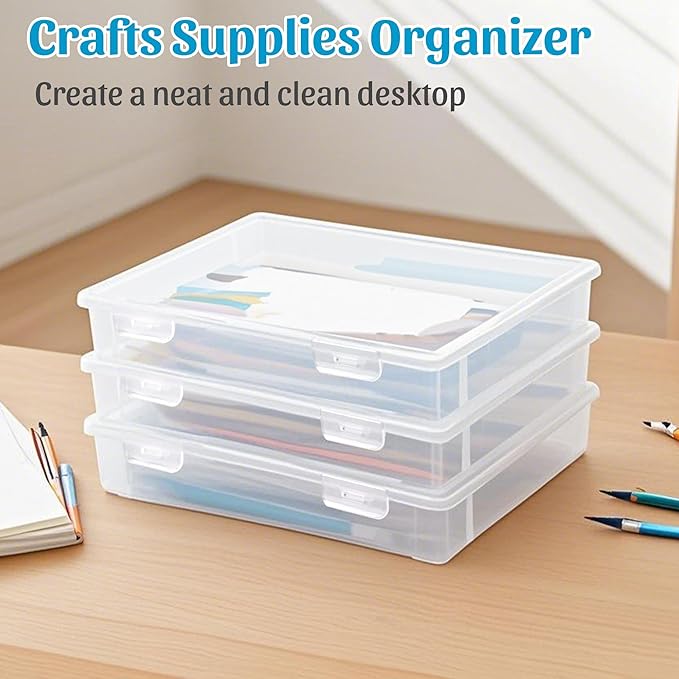 3Pack A4 Paper Organizer Box, Plastic Scrapbook Paper Organizer Portable Storage Containers for A4, 8" x 10" Photo , Board Game, Craft Art Supplies, Document, Magazine, Int.: 12.2 x 8.46 x 1.85in