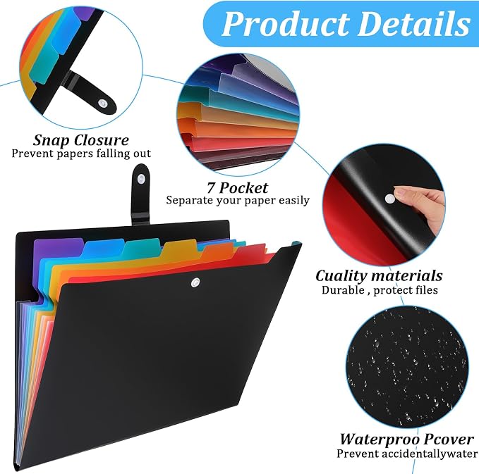 10 Pack Expanding File Folders with Stickers, Accordion-File-Organizer 7 Pocket Folder Organizer, A4 Letter Size Portable Paper Document Bill Receipt Organizer