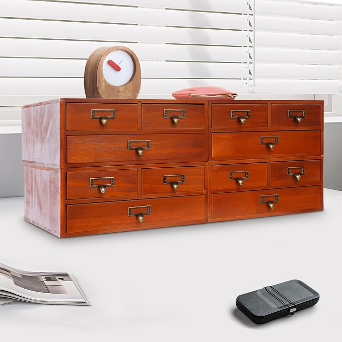 4 Packs Vintage Desktop Apothecary Cabinet with 3 Drawers,Wood Desktop Organizers Stackable Drawers Desktop Chest Drawer for Herb Storage,Tea Collection,Stationery (Brown)