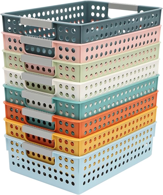 24 Pack Plastic Storage Baskets - Colorful Paper Organizer Baskets Plastic Shelf Bins with Handles, Classroom Office File Holder for Home Office School