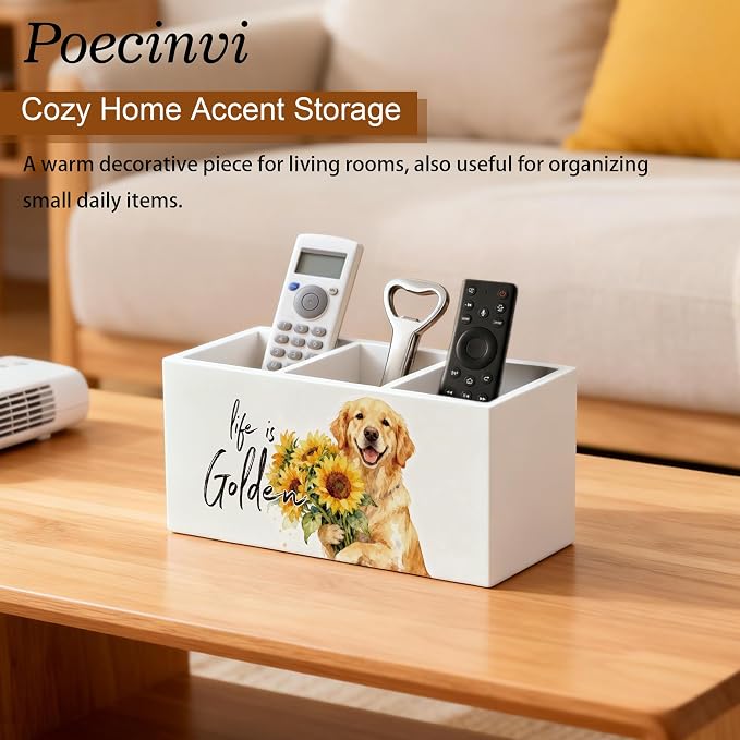 Sunflower Golden Retriever Pen Holder for Home Office Desk, Golden Retriever Gifts for Women, Life Is Golden Humorous Wooden Box Sign Pencil Holder for Desk Shelf Organizer