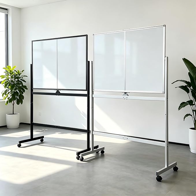 Mobile Whiteboard 48" × 32" with Rolling Stand, Double Sided Dry Erase Board on Wheels, Adjustable Height & 360° Rotation, White Frame for Office Classroom Home