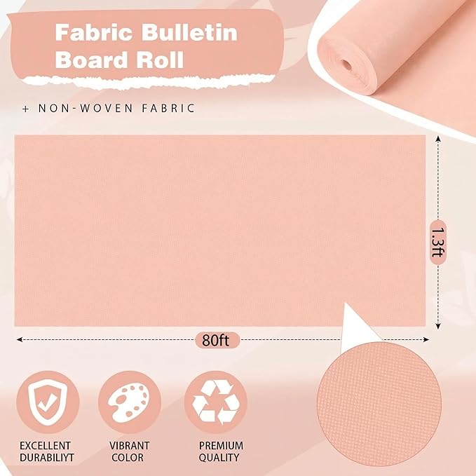 Breling 16 inch x 80 ft Fabric Bulletin Board Roll for Classroom Waterproof Non-Woven Fabric Background Roll Anti-Wrinkle Bulletin Board Background for Back to School Wall Decor DIY Craft(Blush)