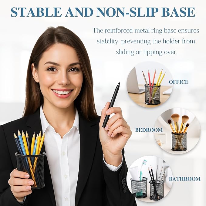 Black Wire Mesh Pen Holder Cup – Durable Steel Desk Organizer for Pens, Pencils, and Office Supplies