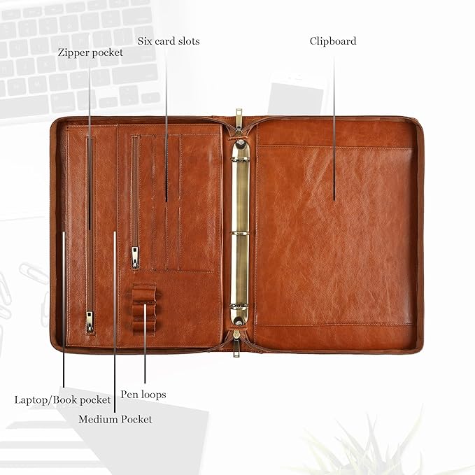 Genuine Leather Portfolio, 3 Ring Binder Padfolio, 11"×14" Padfolio Organizer, Professional Business Portfolio Binder for Men and Women